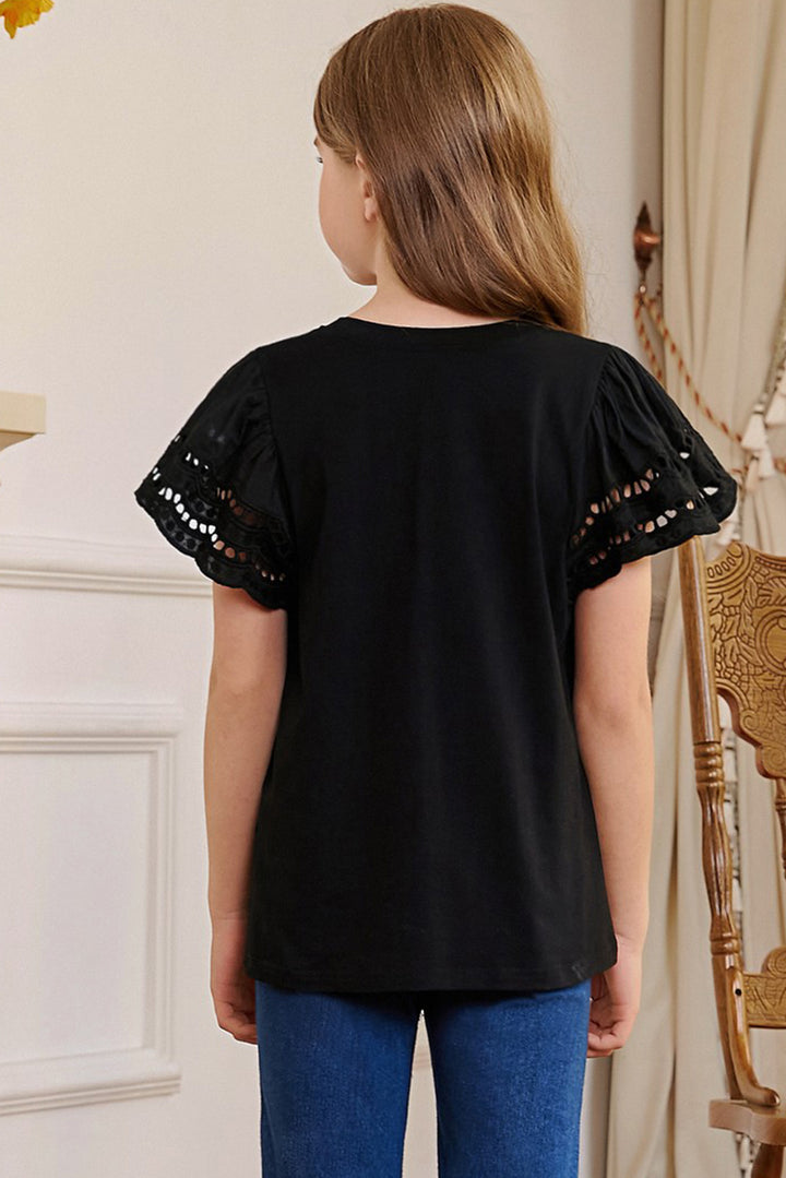 Eyelet Flutter Short Sleeve Round-Neck Solid T-Shirt - Multiple Colors - (4T-12)