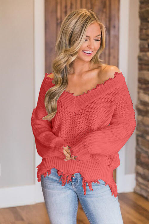 FRAYED-HEM DROPPED-SHOULDER SOLID LONG SLEEVE SWEATER - MULTIPLE COLORS - (S-2XL)