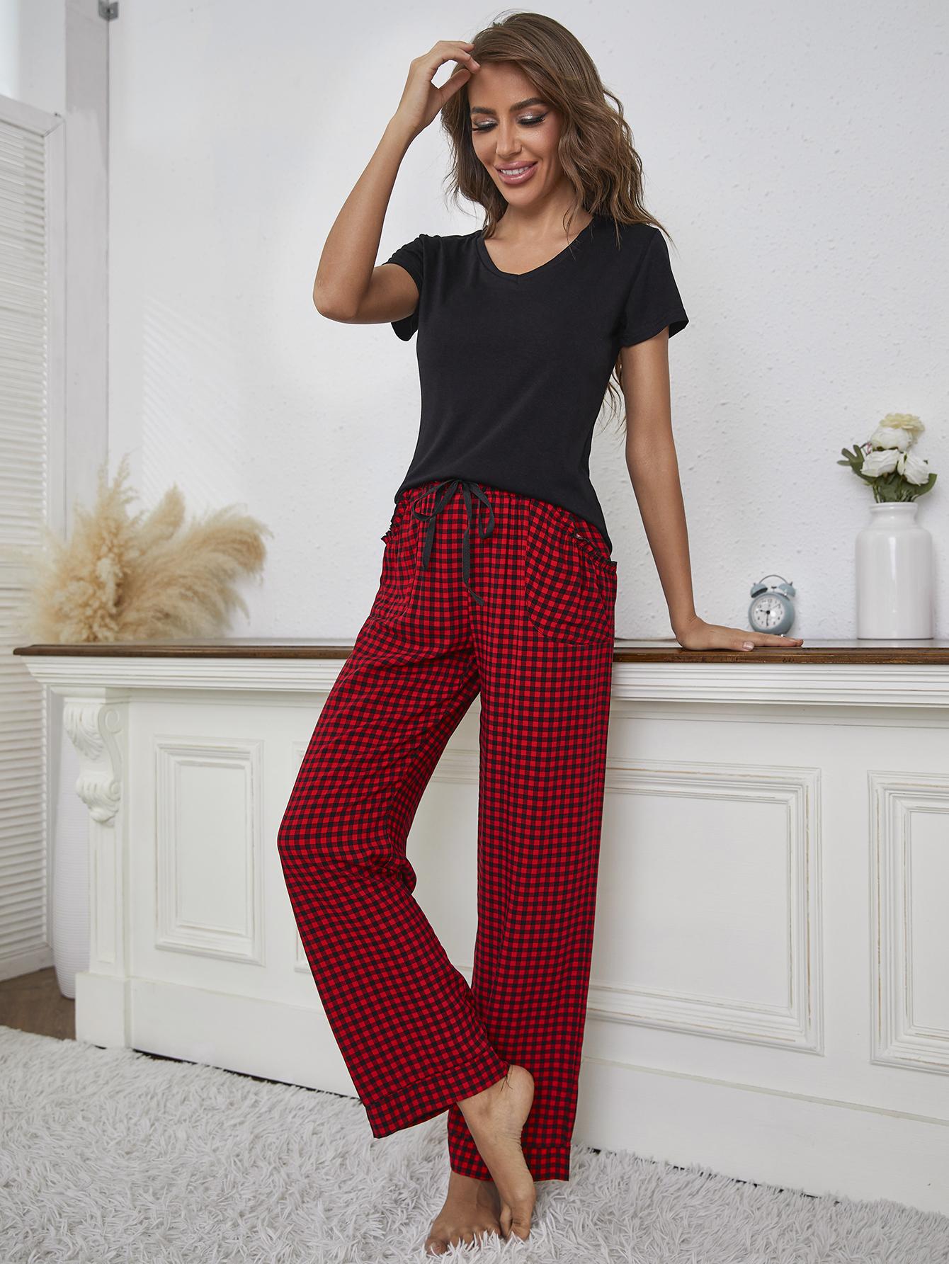 V-NECK BLACK TOP & RED GINGHAM PANTS WITH POCKETS LOUNGEWEAR SET - (XS-2XL)