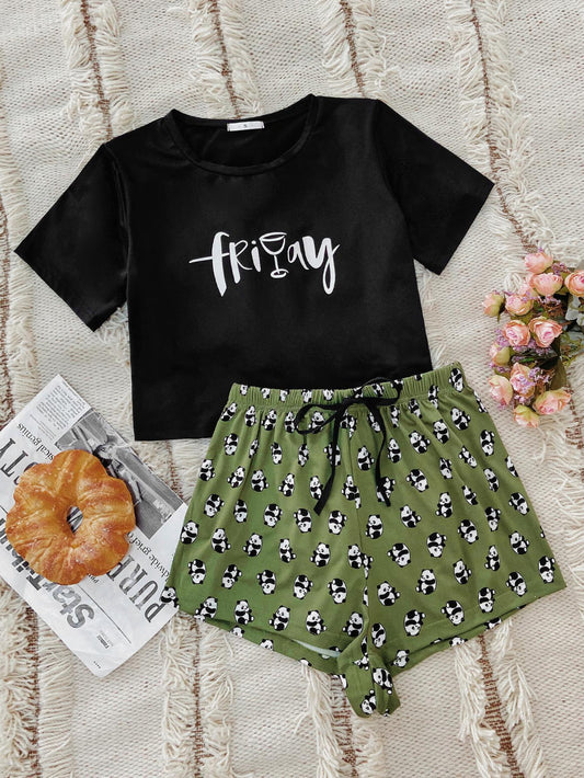 "FRIDAY" GRAPHIC TEE & PANDA-PRINT SHORTS LOUNGEWEAR SET - GREEN - (S-XL)