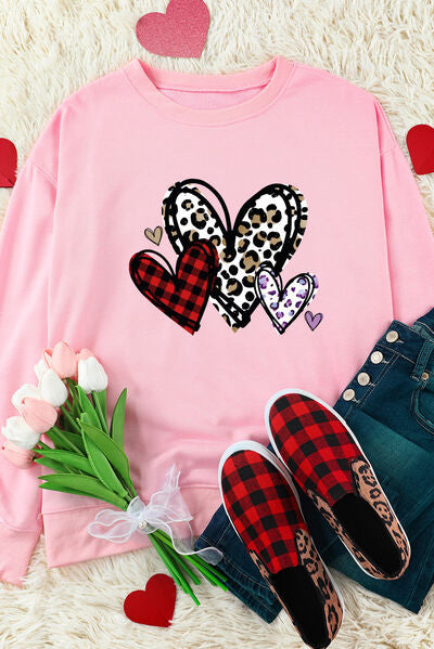 Heart Graphic Round-Neck Dropped-Shoulder Sweatshirt - Blush Pink - (S-XL)