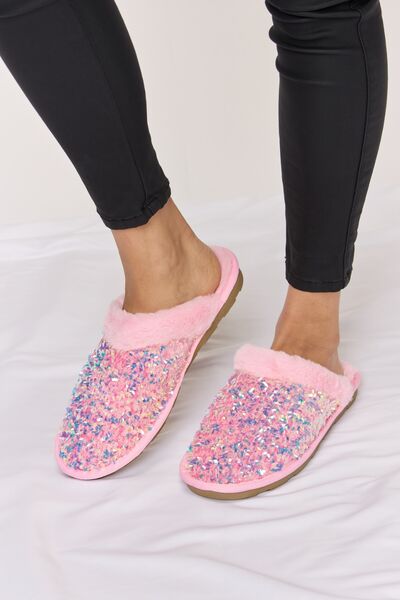 Sequined-Plush Round-Toe Slippers - Pink - (5-10)