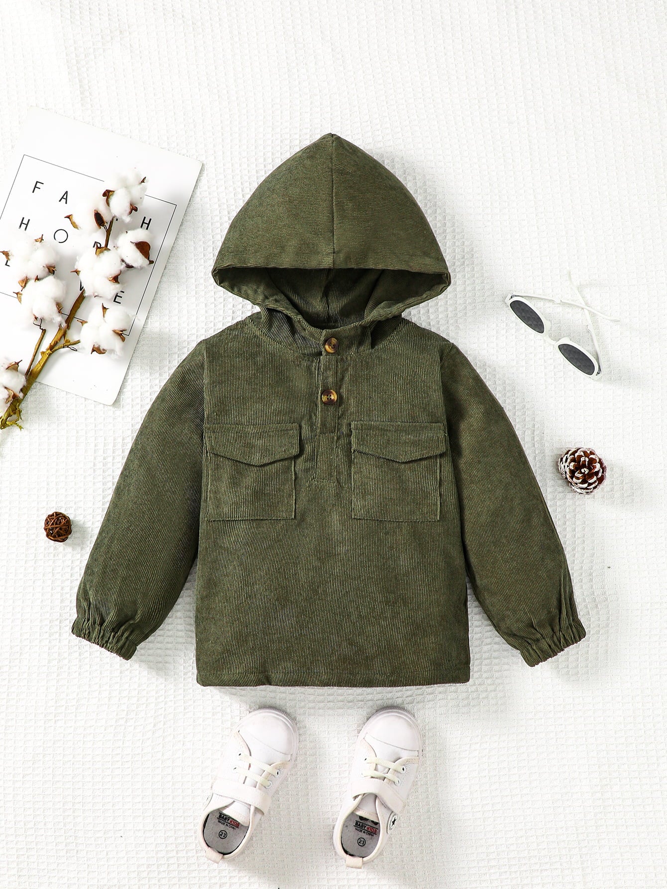 SOLID BUTTONED HOODIE WITH POCKETS - ARMY GREEN - (4T-7)