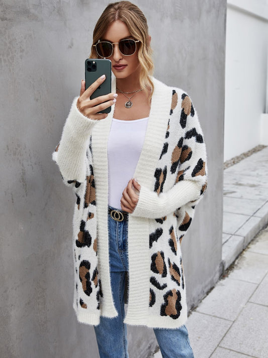 Casual Open-Front Leopard Pattern Fuzzy Long Sleeve Cardigan - Multiple Colors - (S-XL)