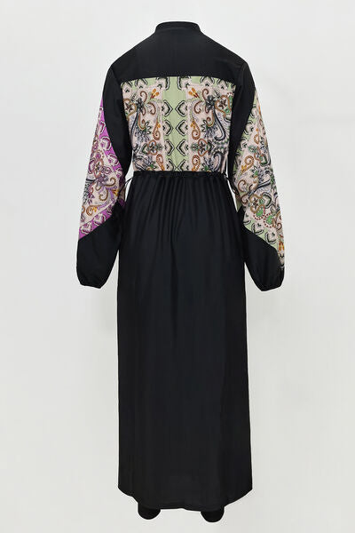 Printed Long Sleeve Drawstring Dress &amp; Pants Swim Set With Cap - Black - (S-XL)