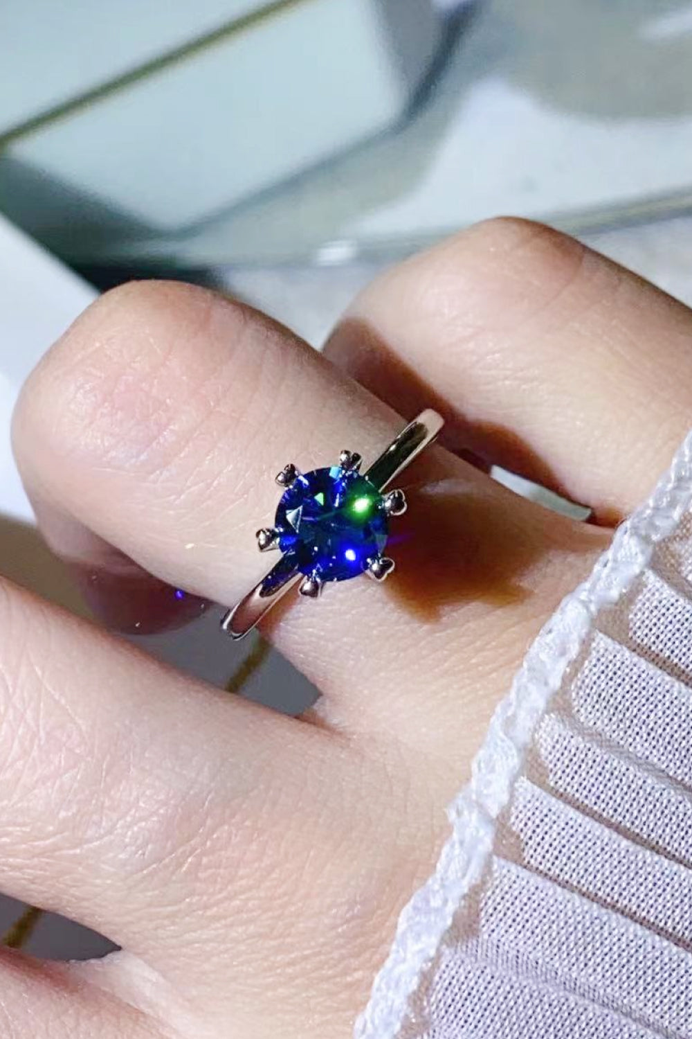 1 Carat Moissanite 6-Prong Polished Solitaire Ring - Blue