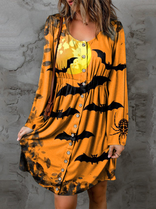 HALLOWEEN THEME ROUND-NECK BUTTON-DOWN LONG SLEEVE MAGIC MIDI DRESS - (S-3XL)