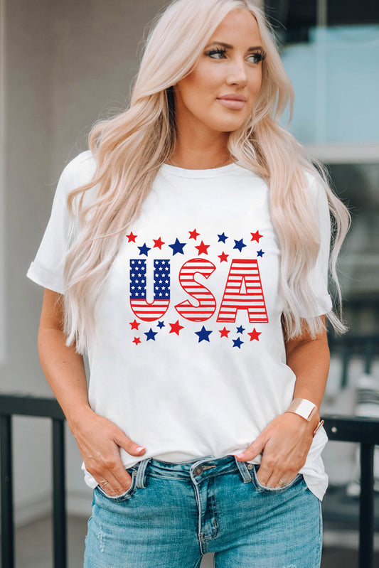 "USA" Stars & Stripes Graphic Round-Neck Short Sleeve Tee - White - (S-2XL)