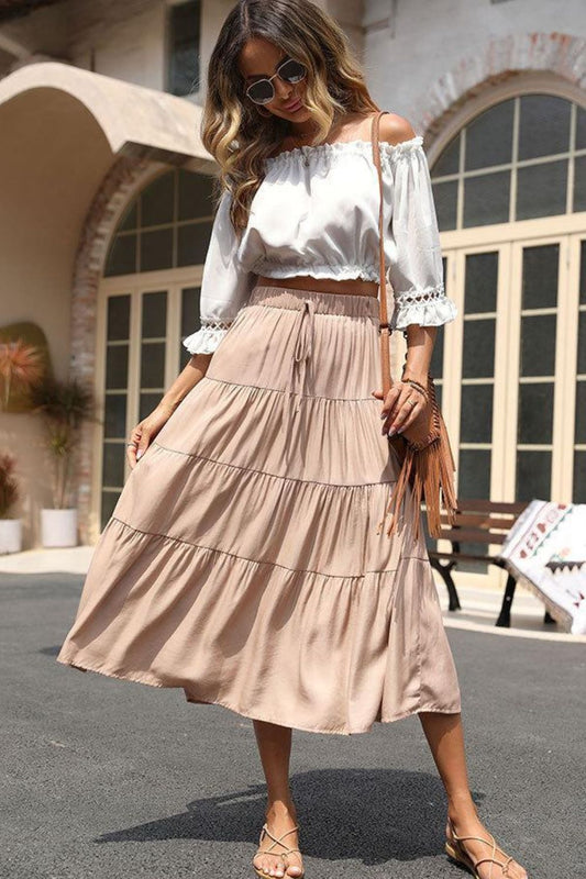 CASUAL ELASTIC WAIST TIERED MIDI SKIRT - KHAKI - (S-XL)