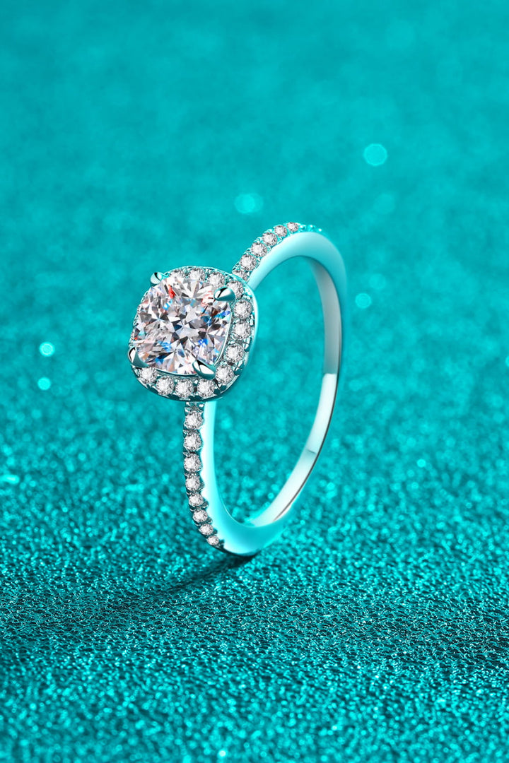 1 Carat Moissanite 925 Sterling Silver Square Halo Side-Stones Ring