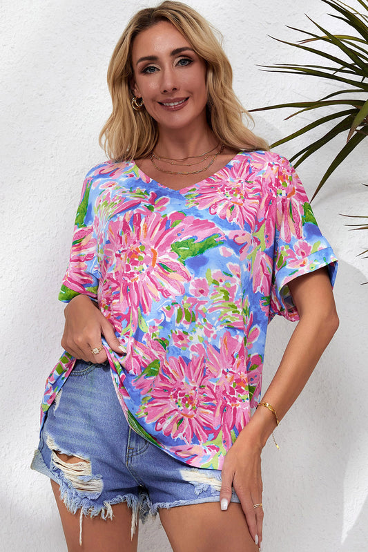 Abstract Floral Casual Chic V-Neck Short Sleeve Blouse - Fuchsia Pink - (S-XL)