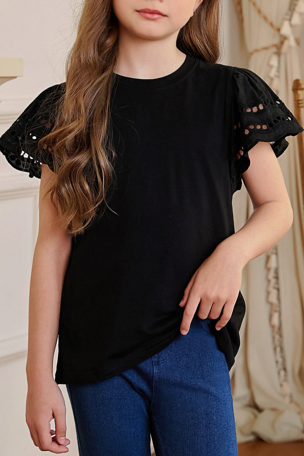Eyelet Flutter Short Sleeve Round-Neck Solid T-Shirt - Multiple Colors - (4T-12)