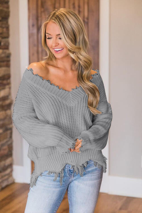 FRAYED-HEM DROPPED-SHOULDER SOLID LONG SLEEVE SWEATER - MULTIPLE COLORS - (S-2XL)