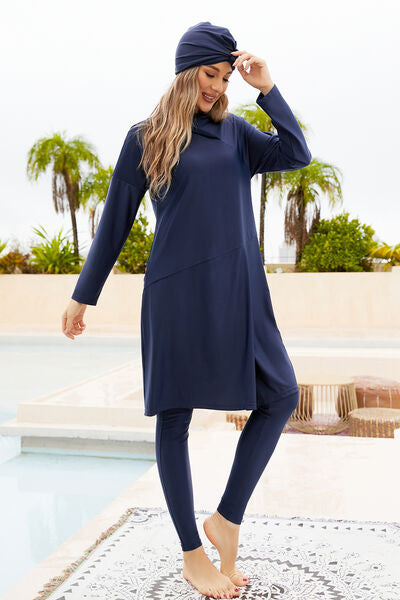 Long Sleeve Hooded Top &amp; Pants Swim Set With Cap - Dark Navy - (S-XL)