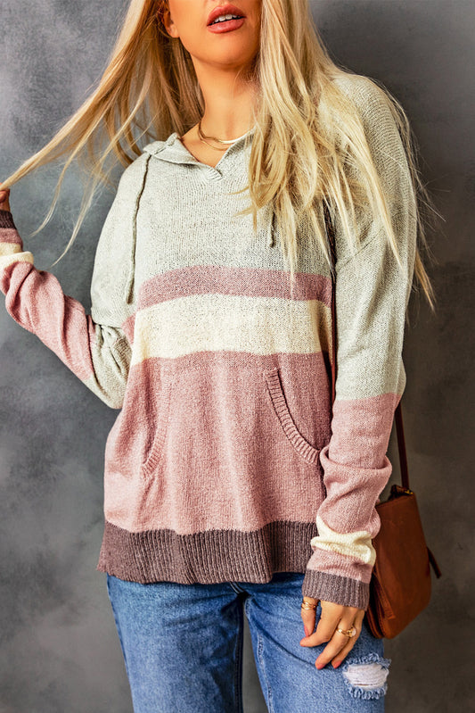 Color-Block Drawstring Hooded Side-Slit Sweater - Gray/Pink - (S-L)