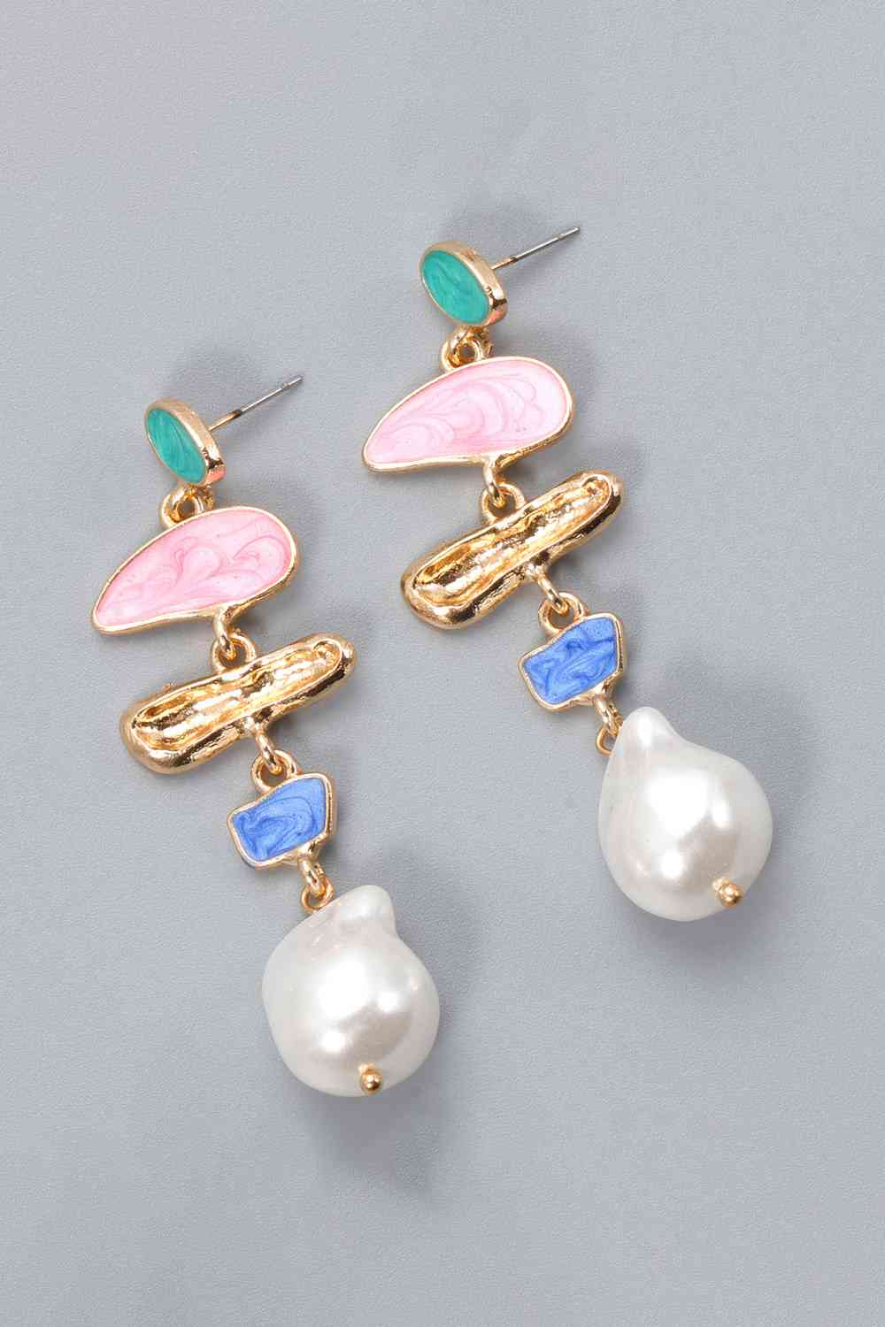 ABNORMAL-SHAPE ZINC-ALLOY SYNTHETIC-PEARL MULTI-COLORED DANGLE EARRINGS