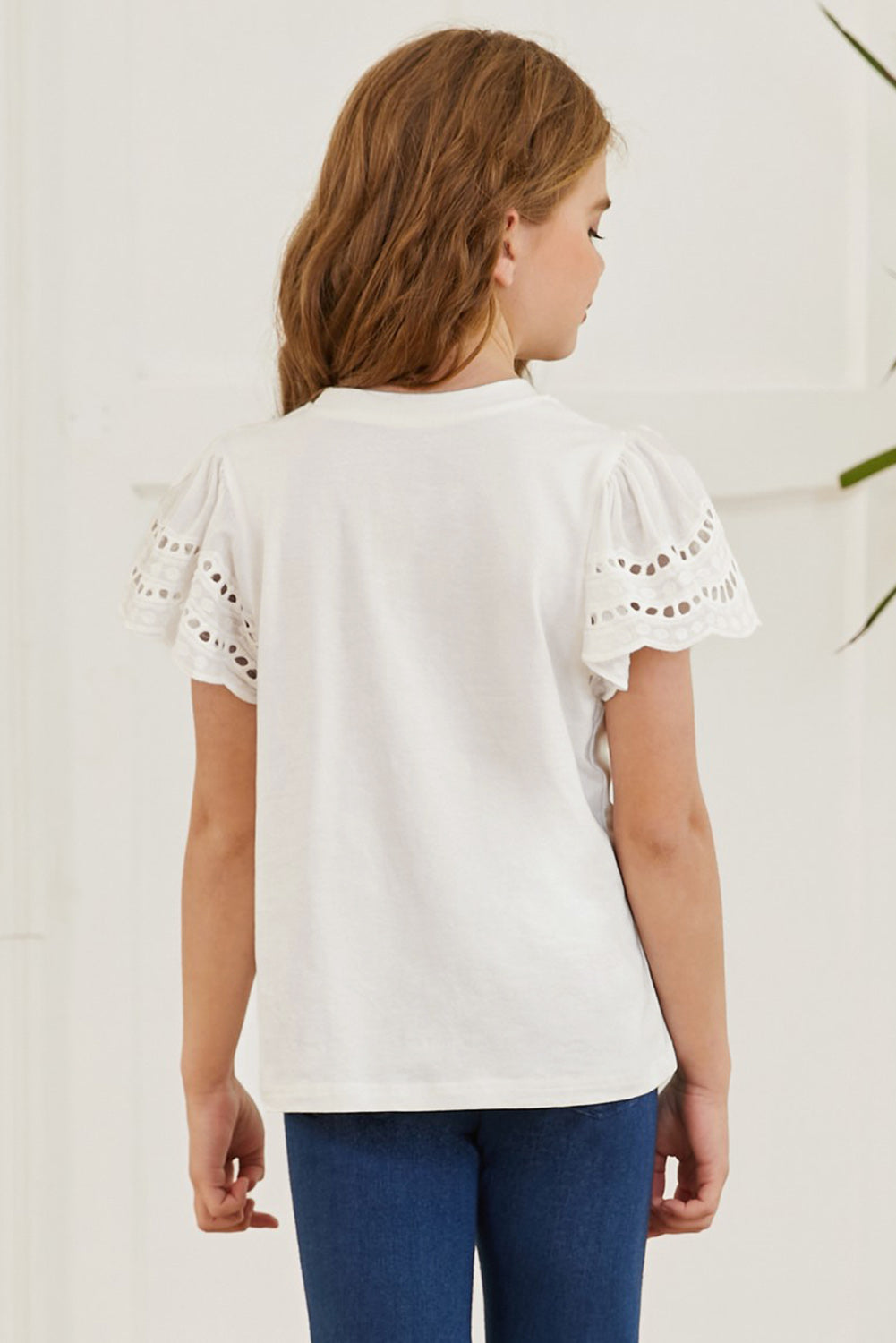 Eyelet Flutter Short Sleeve Round-Neck Solid T-Shirt - Multiple Colors - (4T-12)