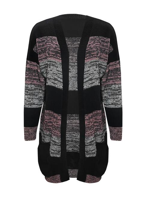 Striped Open-Front Long-Sleeve Cardigan with Pockets - Black - (S-XL)