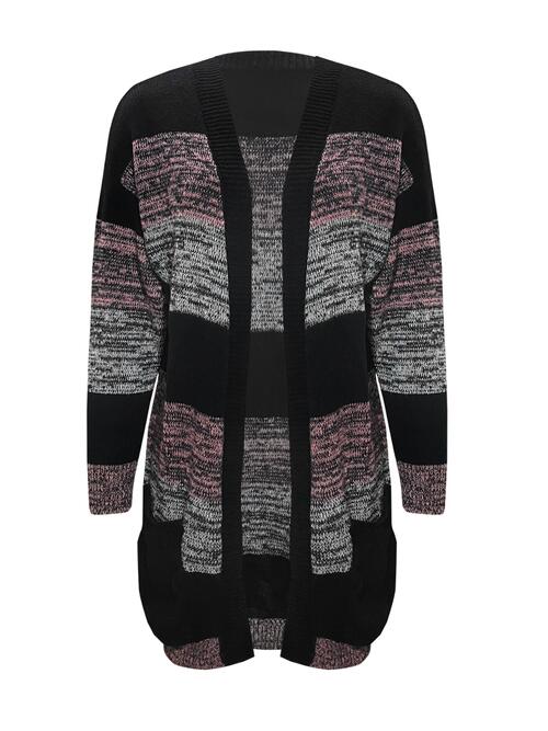 Striped Open-Front Long Sleeve Cardigan with Pockets - Black - (S-XL)