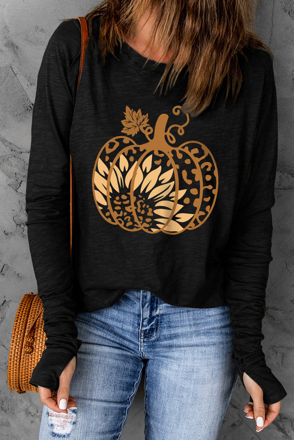 Gold Pumpkin/Sunflower Graphic Thumbhole-Sleeve T-Shirt - Black - (S-2XL)