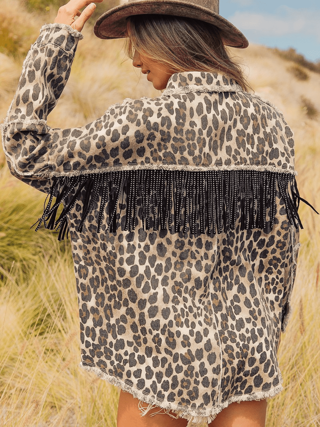 Chic Leopard-Print Collared-Neck Fringe-Detail Raw-Hem Denim Jacket - (S-XL)