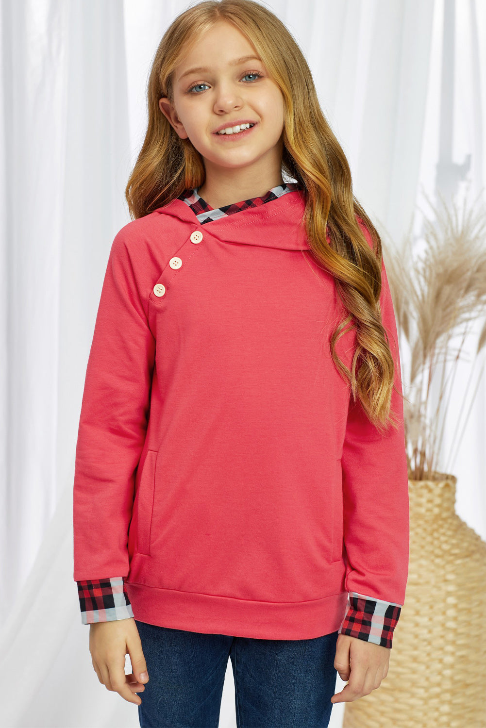 SOLID/PLAID CONTRAST DECORATIVE-BUTTON HOODIE WITH POCKETS - MULTIPLE COLORS - (4Y-13Y)