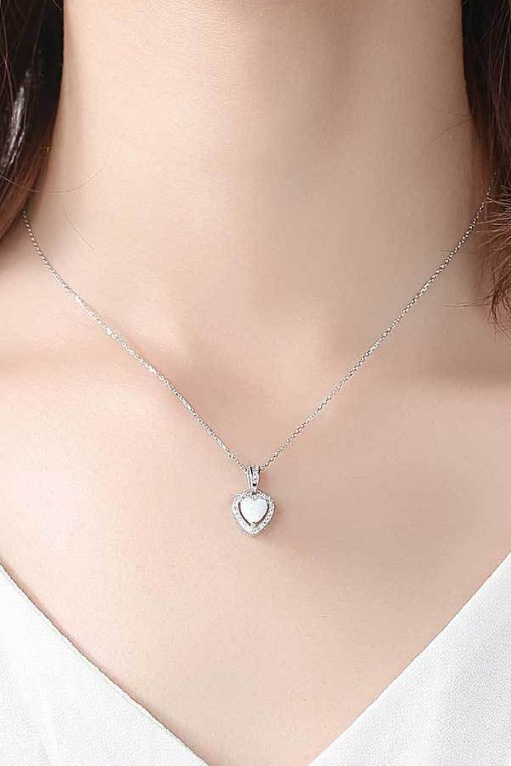 Opal Heart & Zircon Pendant 925 Sterling Silver Necklace - White