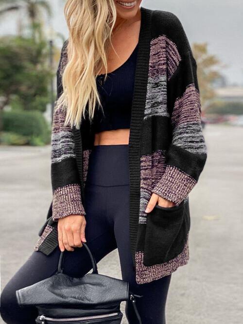 Striped Open-Front Long-Sleeve Cardigan with Pockets - Black - (S-XL)