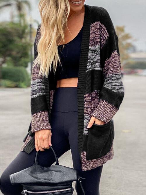Striped Open-Front Long Sleeve Cardigan with Pockets - Black - (S-XL)