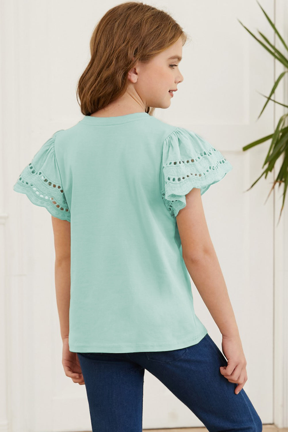 Eyelet Flutter Short Sleeve Round-Neck Solid T-Shirt - Multiple Colors - (4T-12)