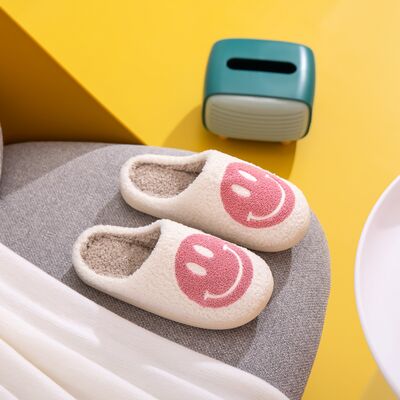 Smiley Face Cozy Slippers - White/Pink - (S-XL)