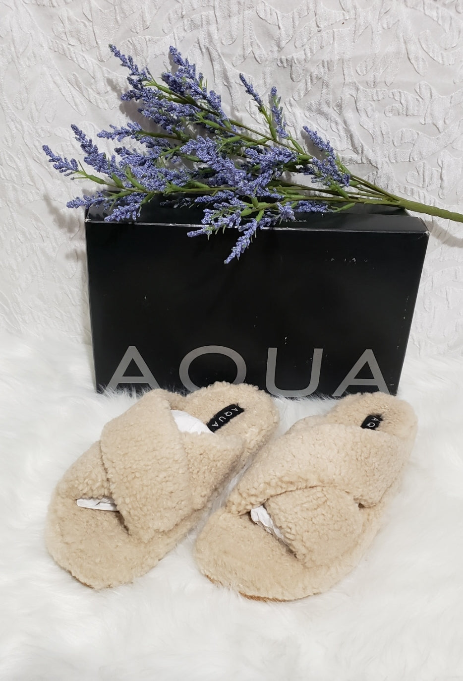 🤍 AQUA Fluff Faux Shearling Slide Slippers – Beige – (6) 🤍☁️