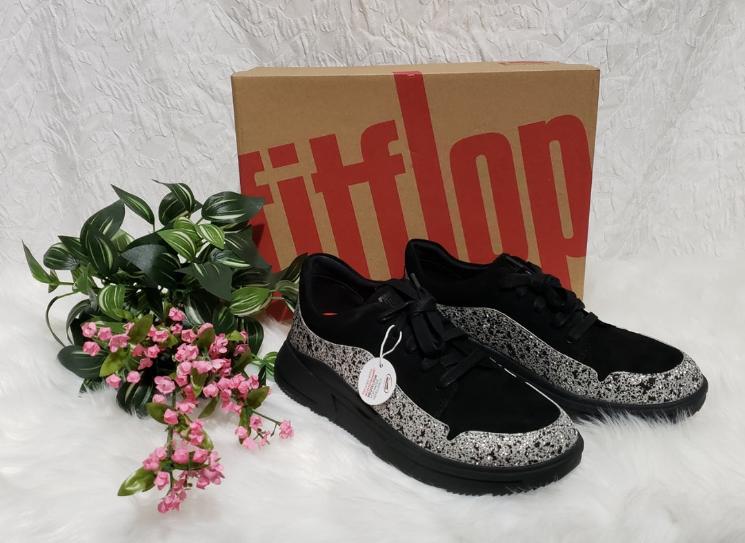 ✨ FITFLOP Freya Glitter Suede Sneakers – Black/Silver – (6.5) ✨