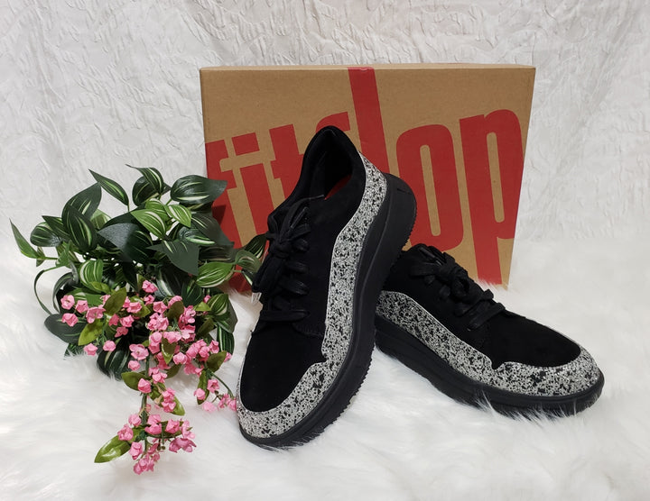 ✨ FITFLOP Freya Glitter Suede Sneakers – Black/Silver – (6.5) ✨