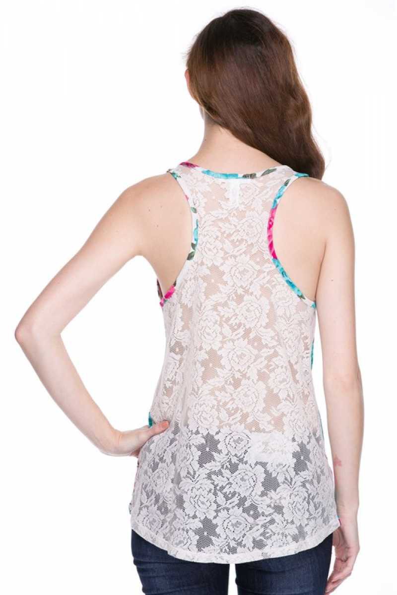 Floral-Print Top with Contrasting Full Lace Back - Ivory - (S-L)