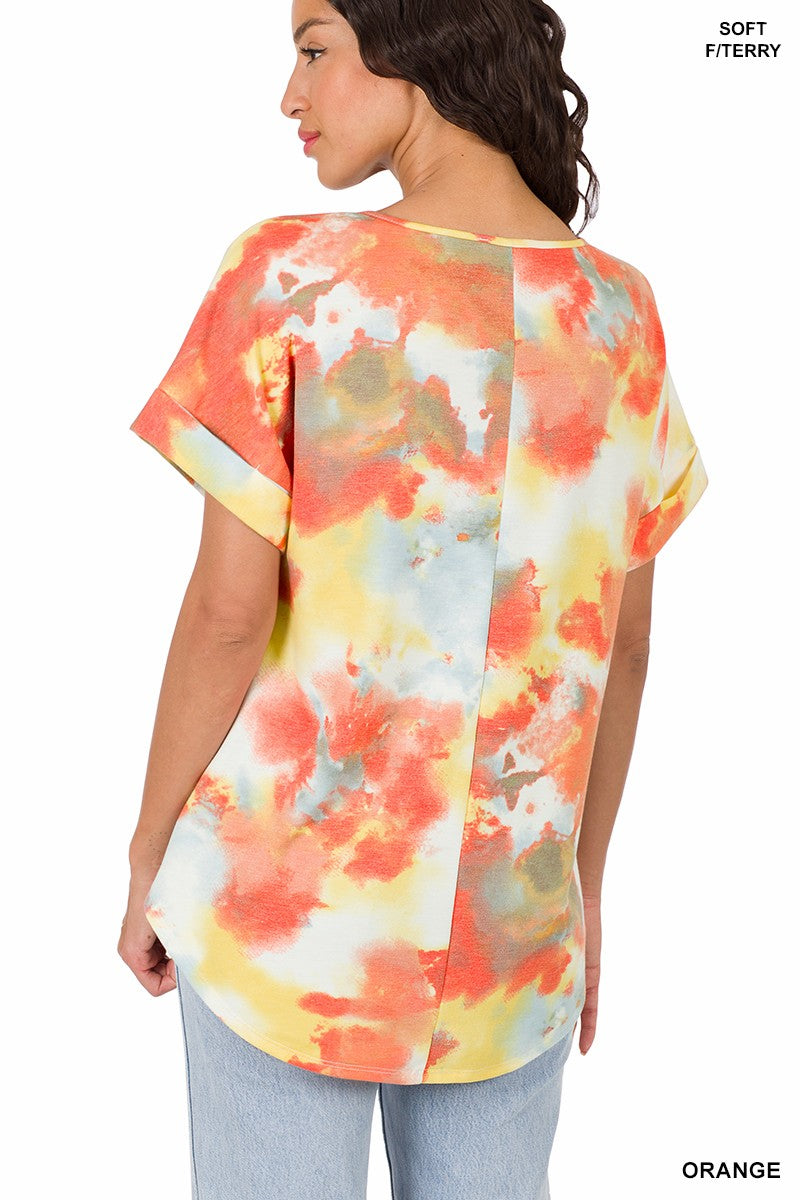 Soft French Terry Tie-Dye Rolled-Sleeve V-Neck Top - Orange - (S-XL)