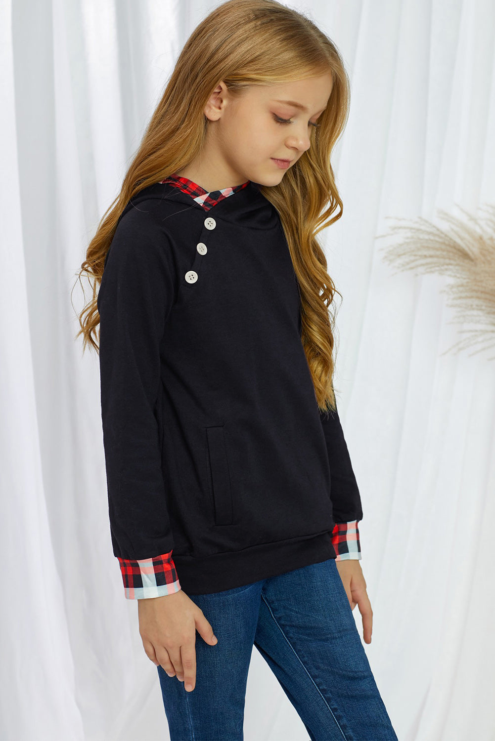 SOLID/PLAID CONTRAST DECORATIVE-BUTTON HOODIE WITH POCKETS - MULTIPLE COLORS - (4Y-13Y)