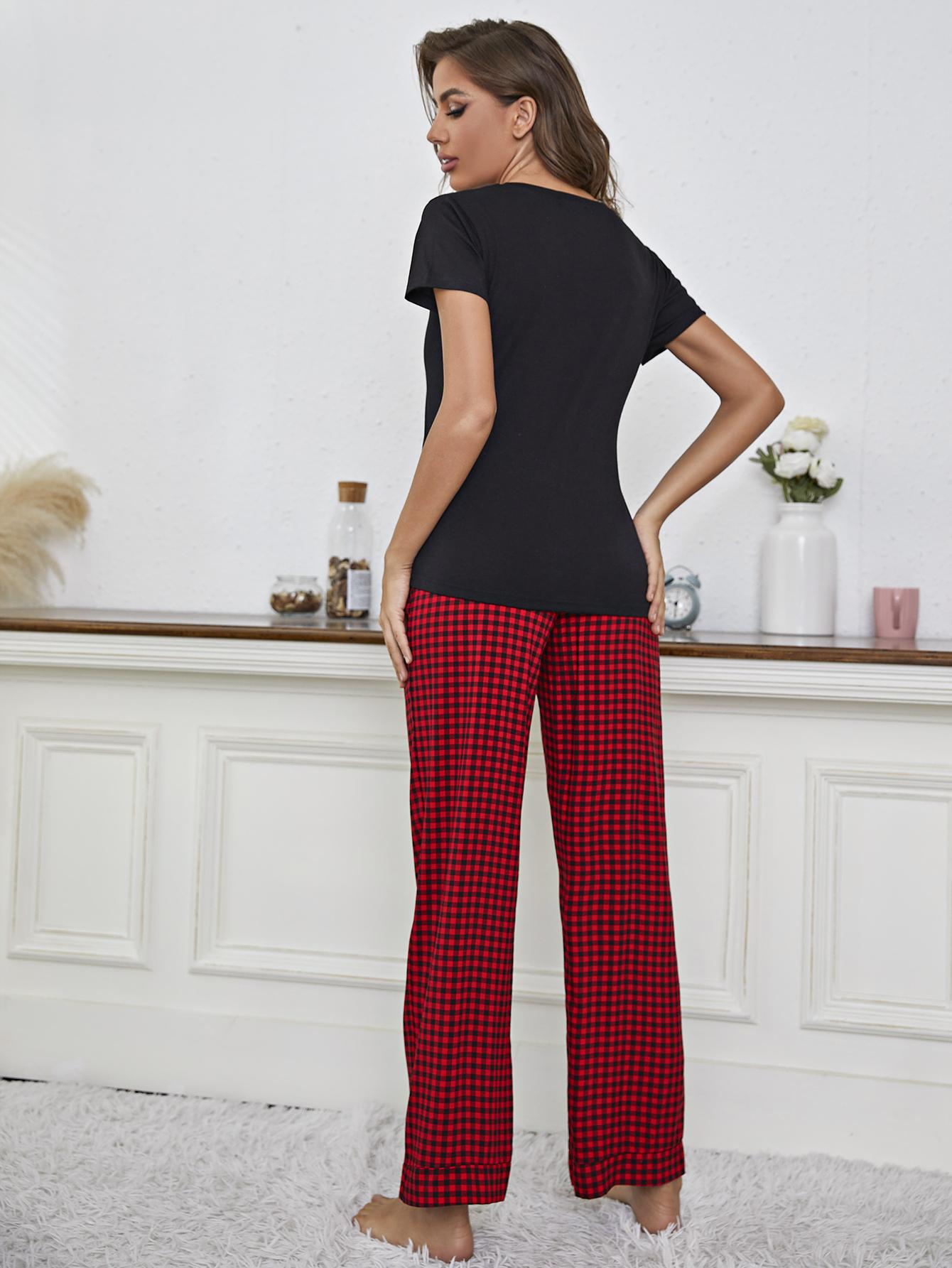 V-NECK BLACK TOP & RED GINGHAM PANTS WITH POCKETS LOUNGEWEAR SET - (XS-2XL)