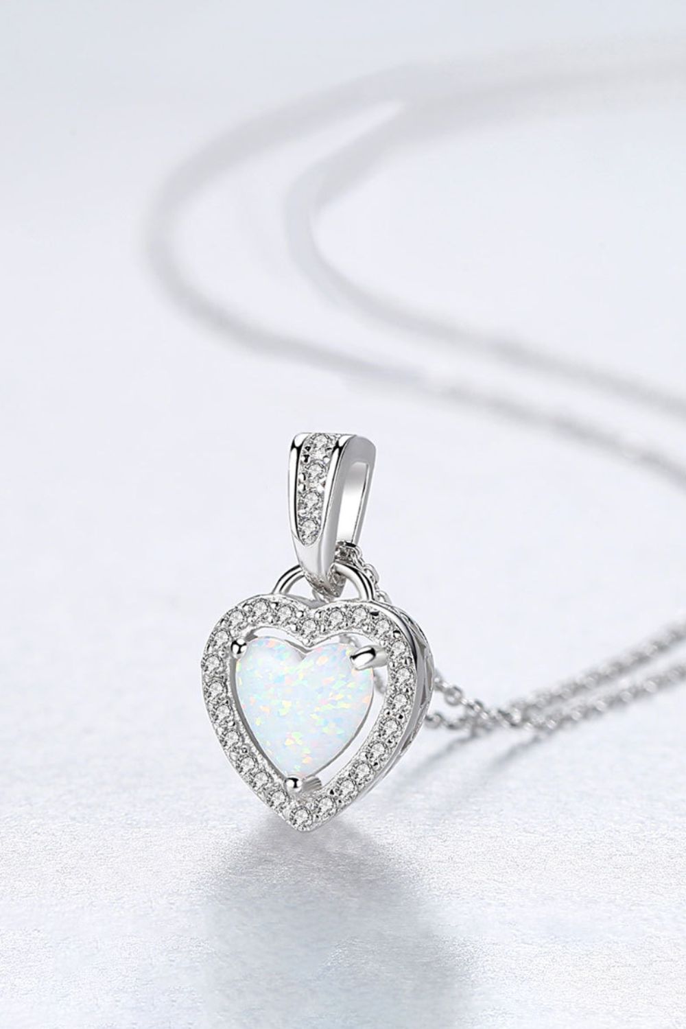 Opal Heart & Zircon Pendant 925 Sterling Silver Necklace - White