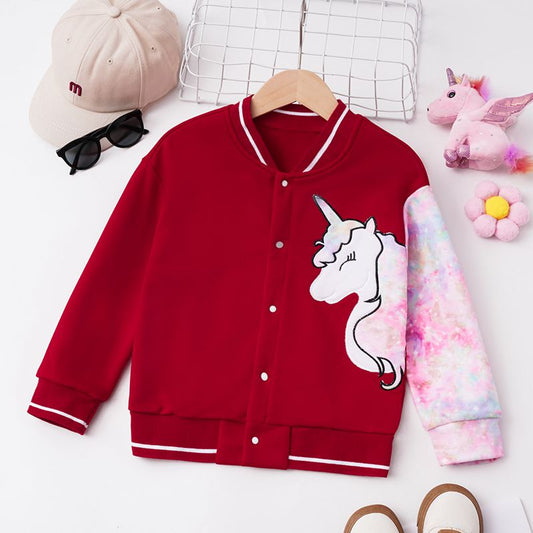 CUTE SOLID TIE-DYE CONTRAST UNICORN GRAPHIC LONG SLEEVE SNAP JACKET - DEEP RED - (4T-6)