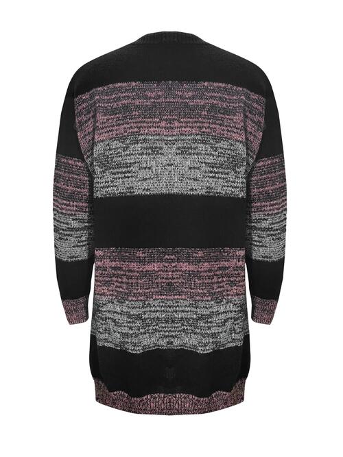 Striped Open-Front Long-Sleeve Cardigan with Pockets - Black - (S-XL)