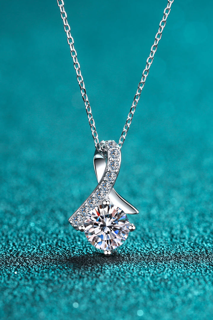 1 Carat Moissanite &amp; Zircon 4-Prong Ribbon-Swirl Pendant Necklace - Silver