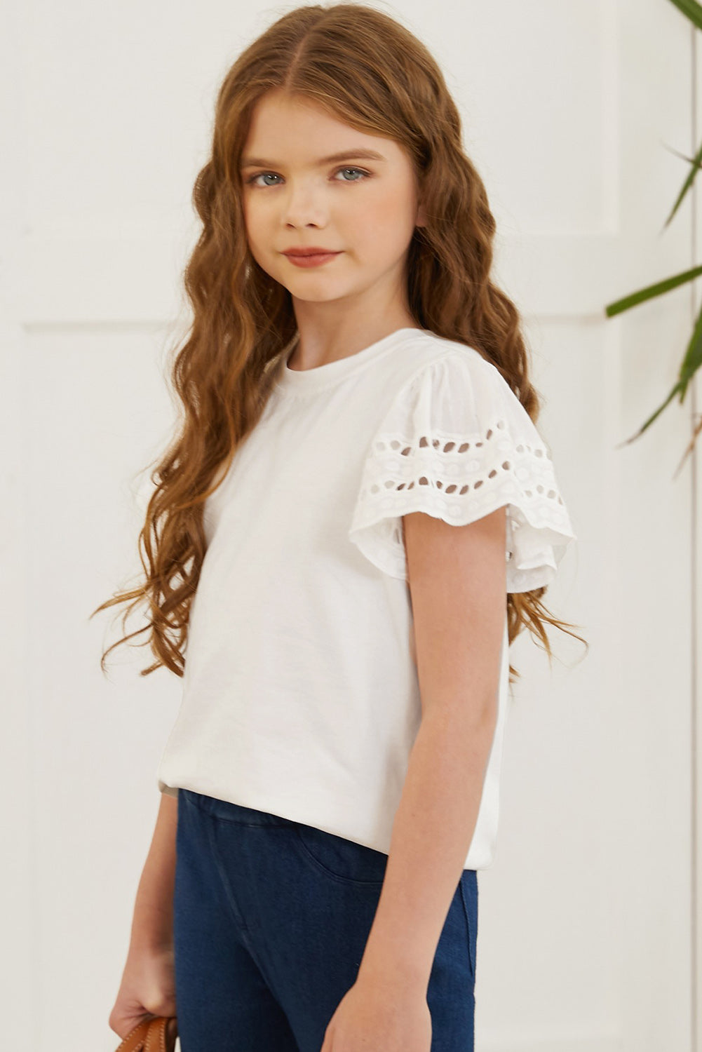 Eyelet Flutter Short Sleeve Round-Neck Solid T-Shirt - Multiple Colors - (4T-12)