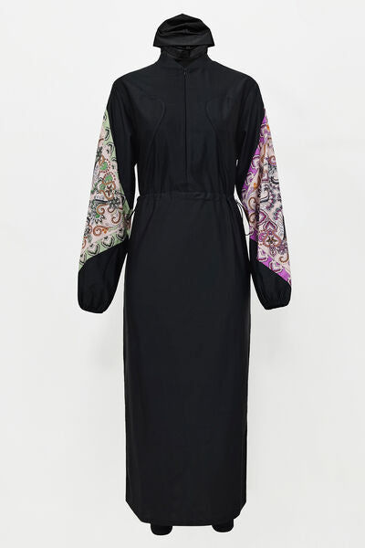 Printed Long Sleeve Drawstring Dress &amp; Pants Swim Set With Cap - Black - (S-XL)