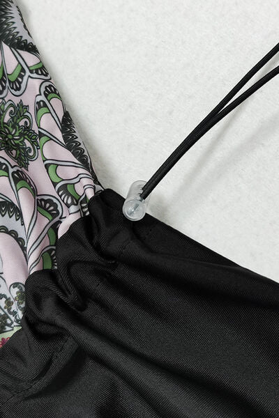 Printed Long Sleeve Drawstring Dress &amp; Pants Swim Set With Cap - Black - (S-XL)