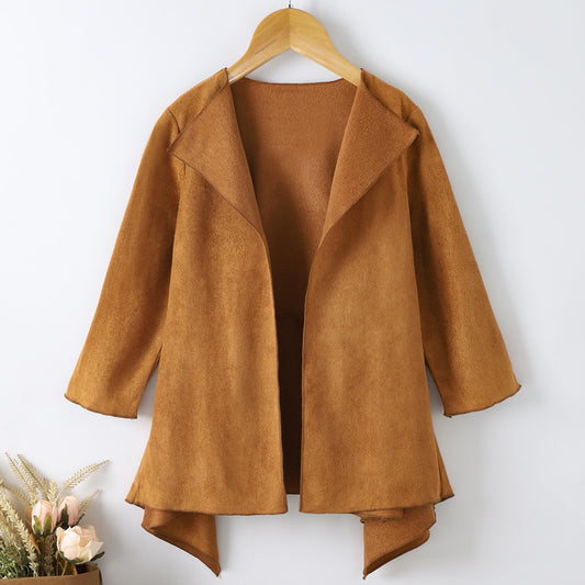 CHIC OPEN-FRONT SOLID LONG SLEEVE COAT - CARAMEL - (4T-7)