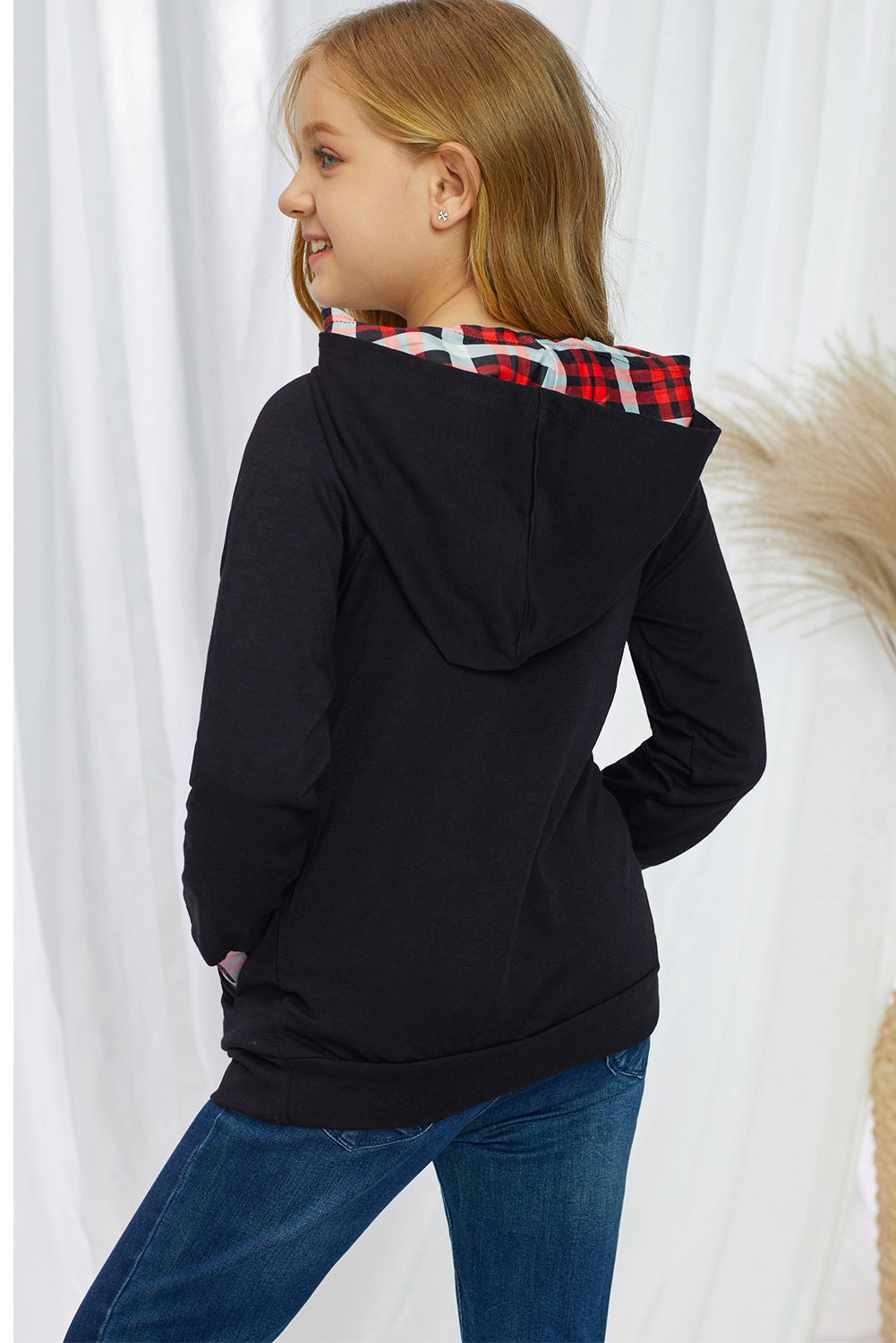 SOLID/PLAID CONTRAST DECORATIVE-BUTTON HOODIE WITH POCKETS - MULTIPLE COLORS - (4Y-13Y)