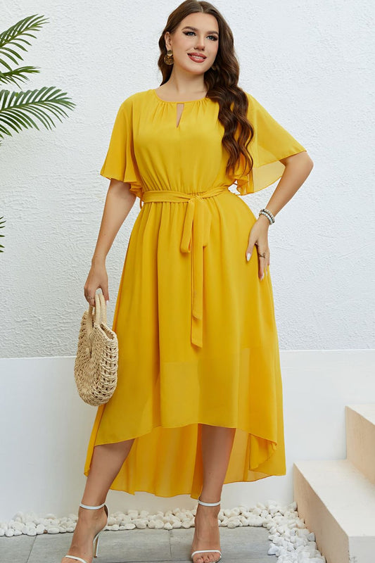 PLUS-SIZE BELTED FLUTTER-SLEEVE HIGH-LOW BELTED MIDI DRESS - MUSTARD - (1X-4X)