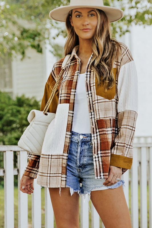 Plaid Color-Block Dropped-Shoulder Casual Shacket With Pockets - (S-2XL)