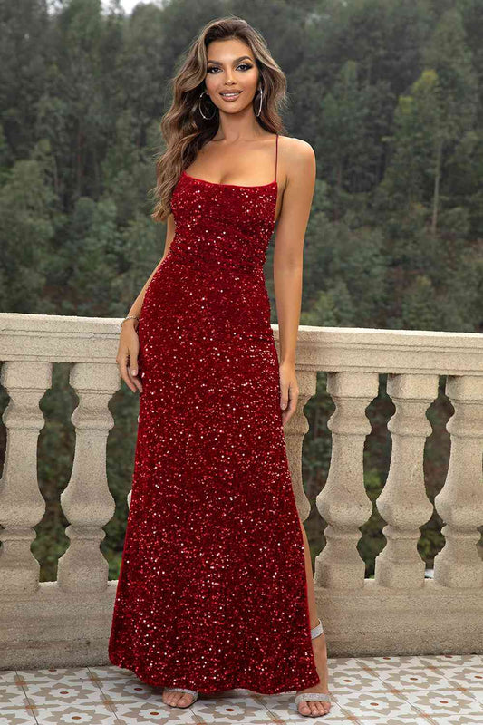 SEQUIN BACKLESS SPLIT FORMAL MAXI DRESS - MULTIPLE COLORS - (XS-L)